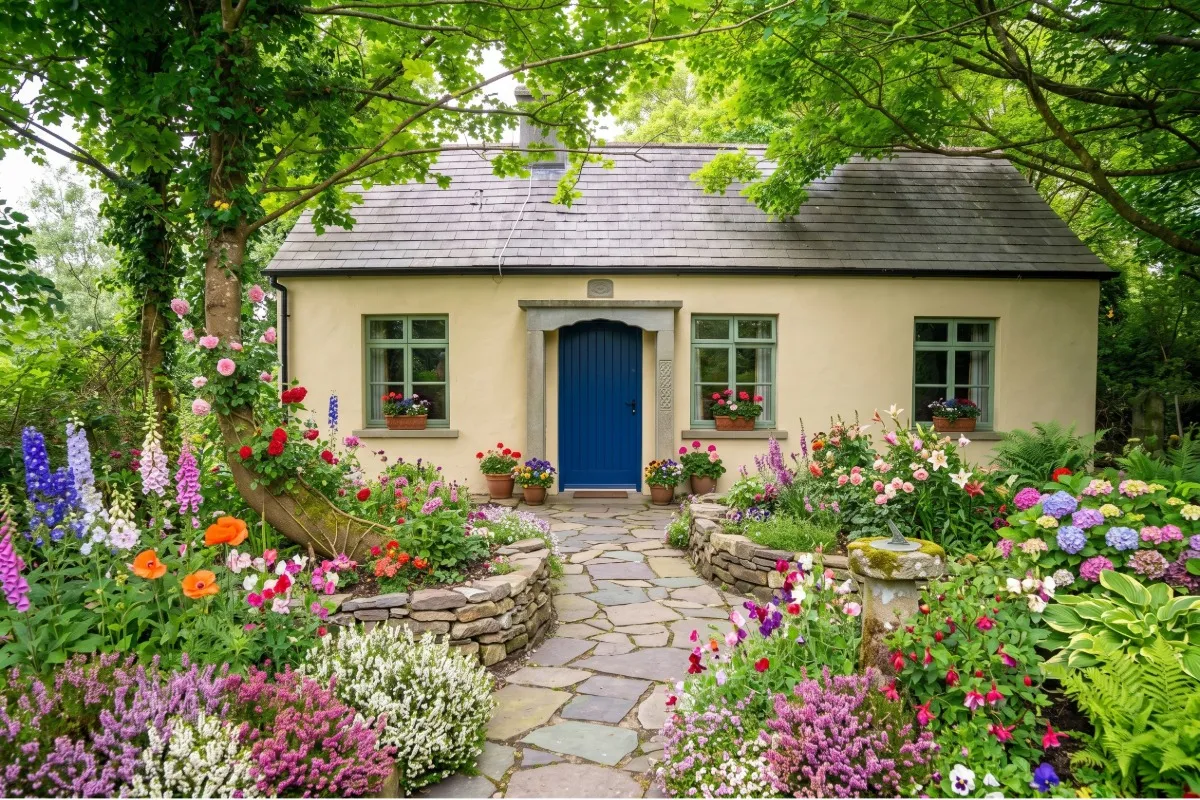 Classic Irish cottage garden with vibrant perennial borders and stone pathway