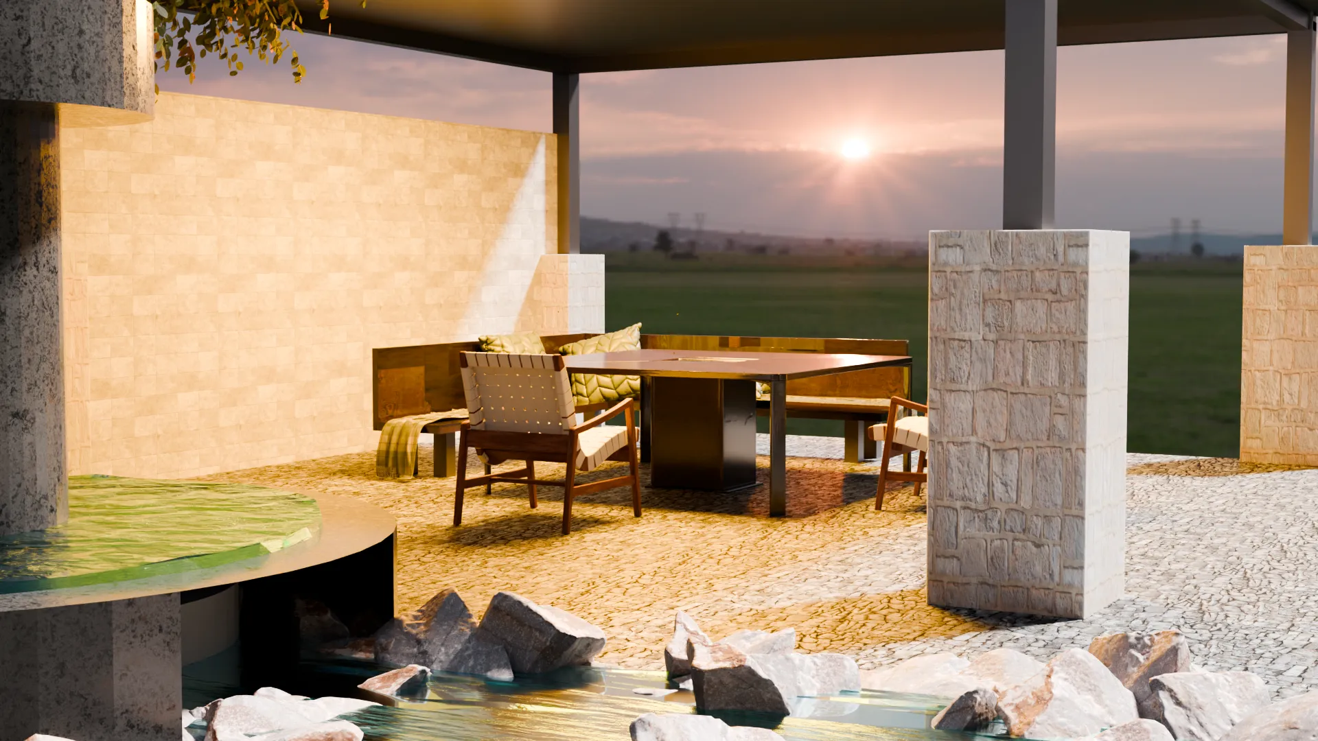 3D garden visualization of a wooden gazebo, patio, and planting in a landscaped outdoor space
