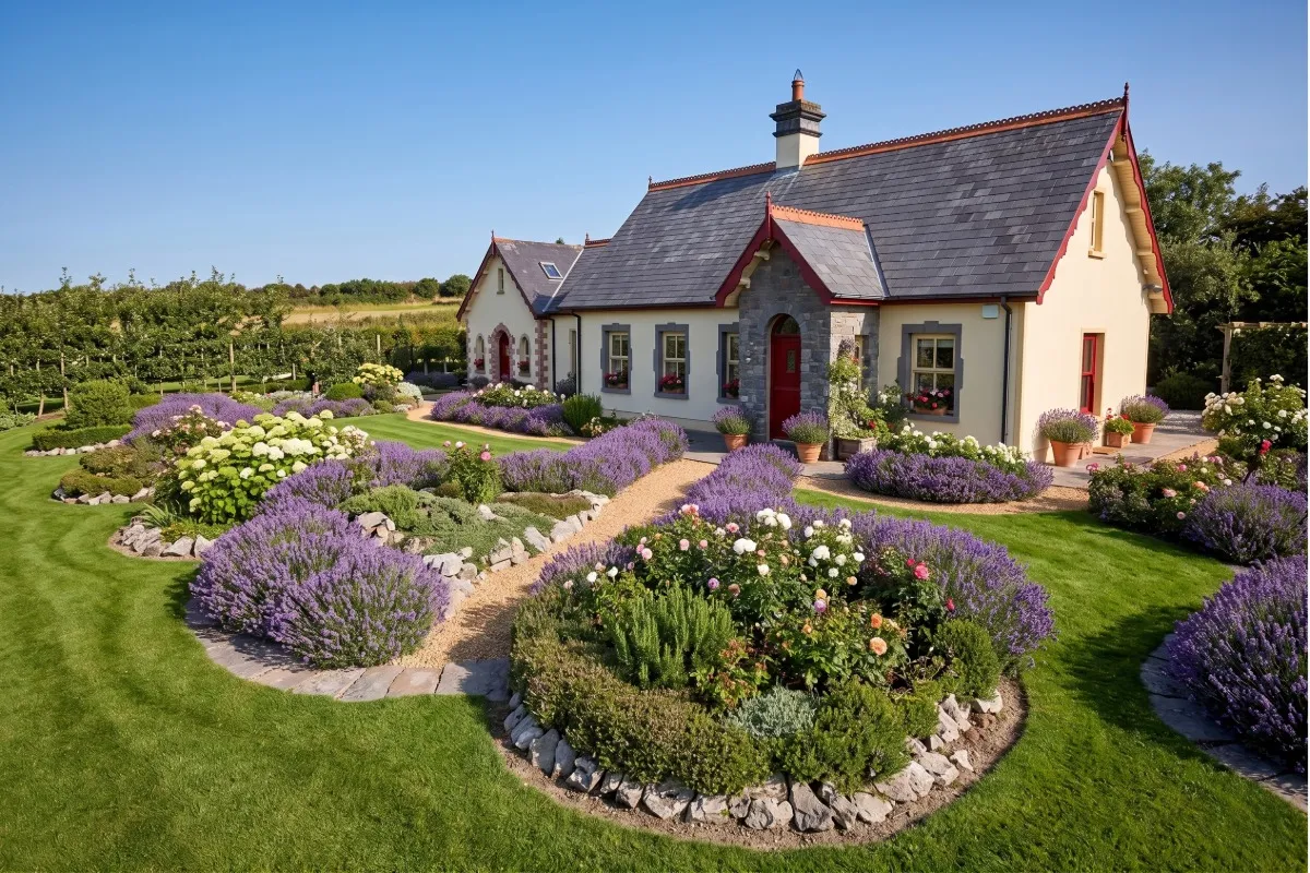Structured floral landscape with sweeping lavender beds and stone borders in Ireland